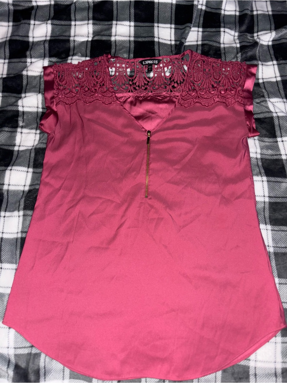 Express Burgundy Lace-Trim Zip Front Sleeveless Blouse